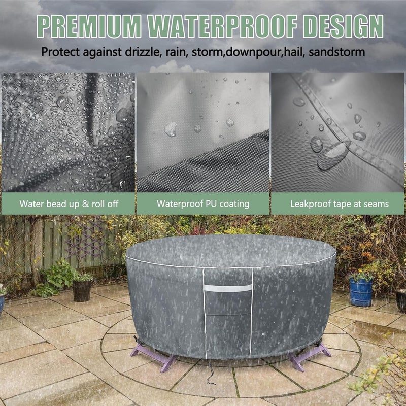Gasadar Round Patio Table Cover Waterproof, Outdoor Furniture Covers for Round Table Set, 600D Heavy Duty, 96" Dia x 28" H, Grey - Image 4